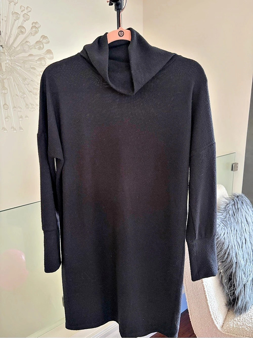 Relaxed Turtleneck/Cowl Neck Black Mini Dress